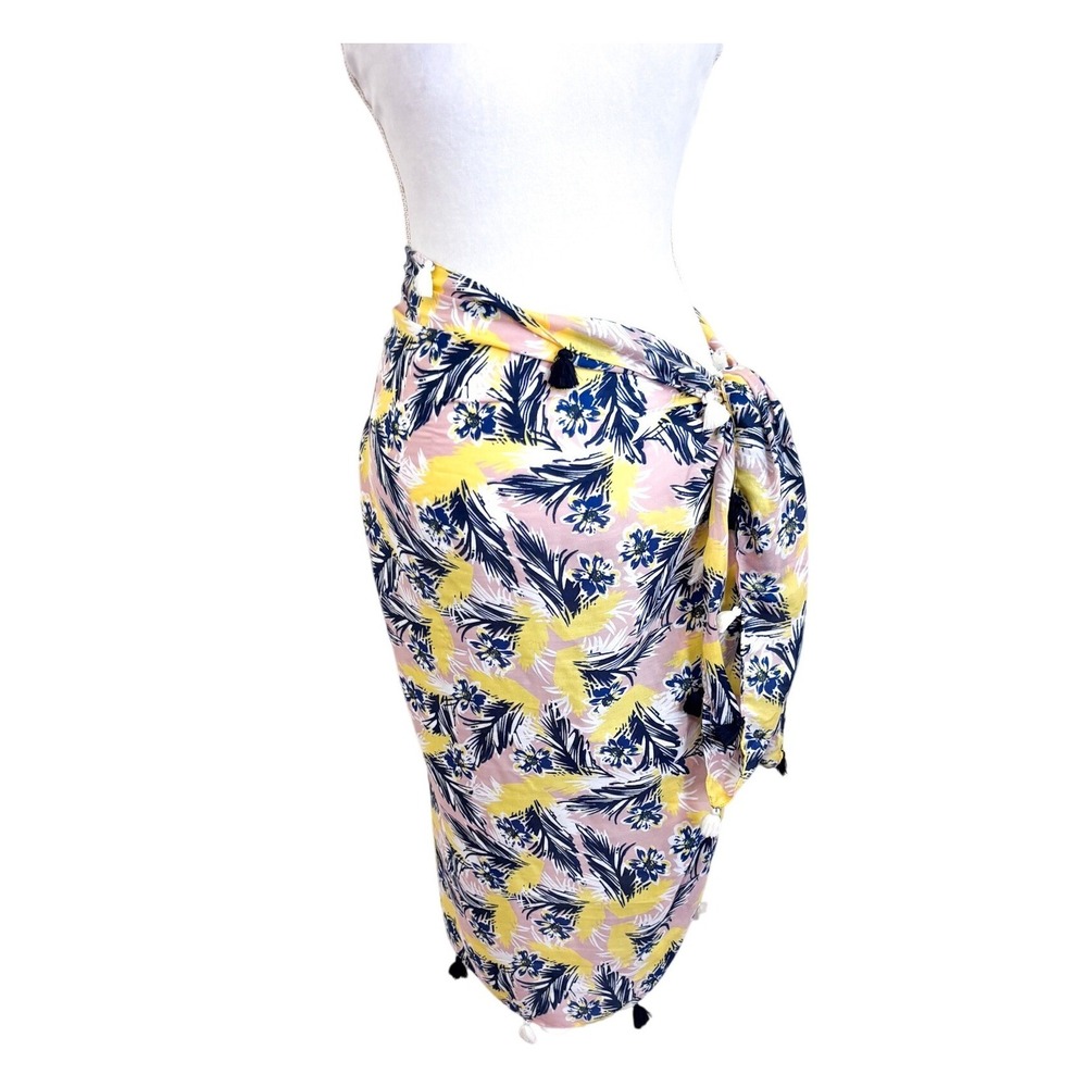 J. Crew Womens Tropical Floral Sarong Wrap OS Yellow Blue Tassel‎ Beach Cover Up